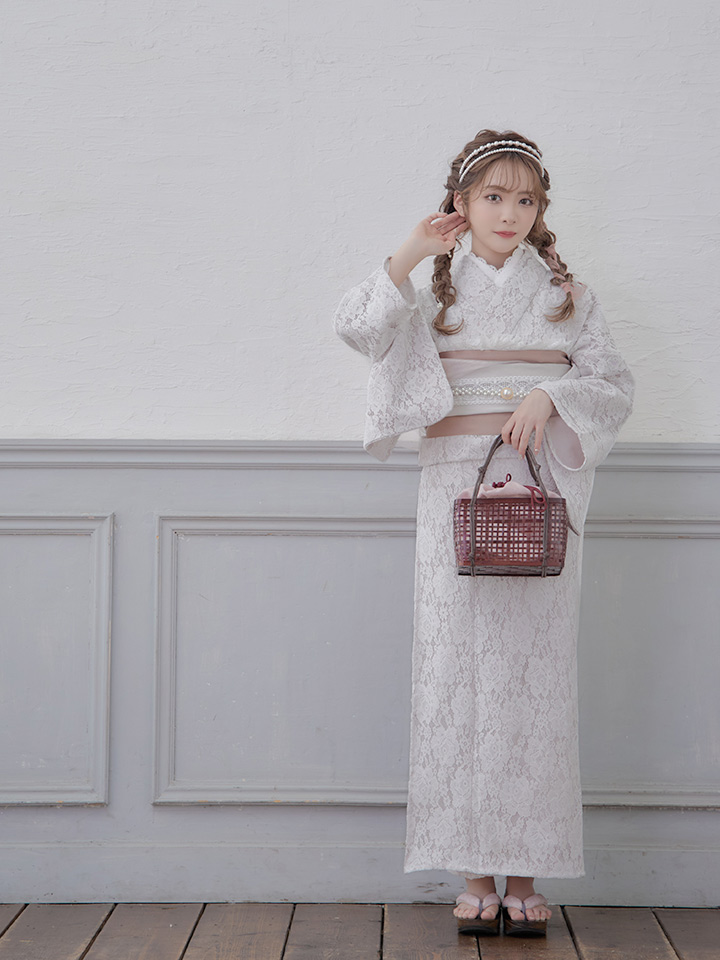 即日発送】【浴衣】ピンク地×白レース浴衣 【浴衣3点セット 浴衣/帯