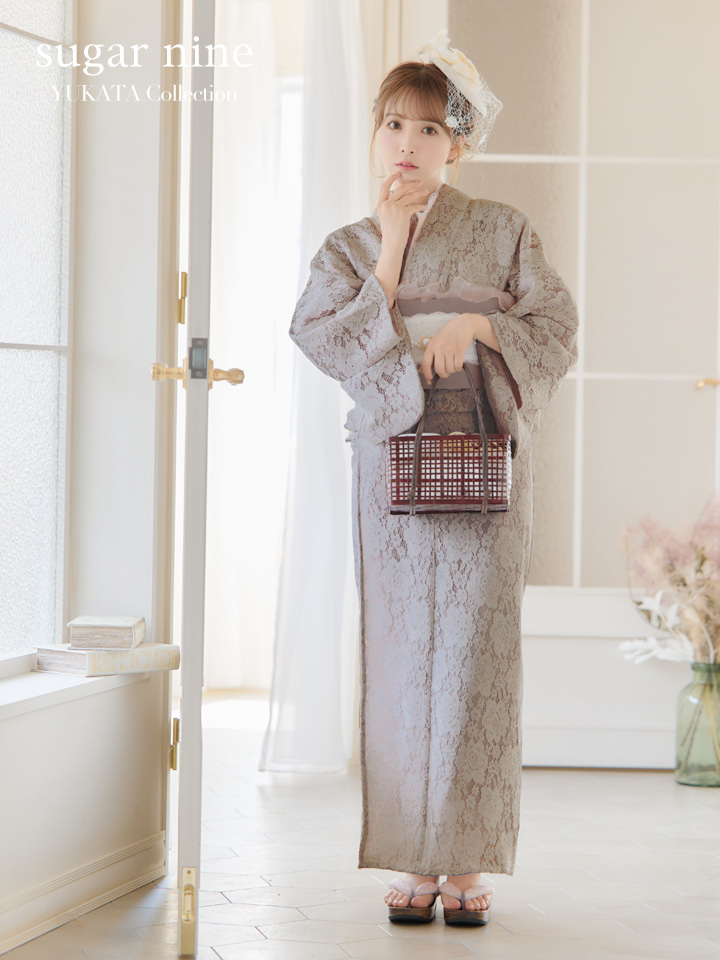 即日発送】【浴衣セール】【浴衣】ベージュ×フラワーレース浴衣 【浴衣
