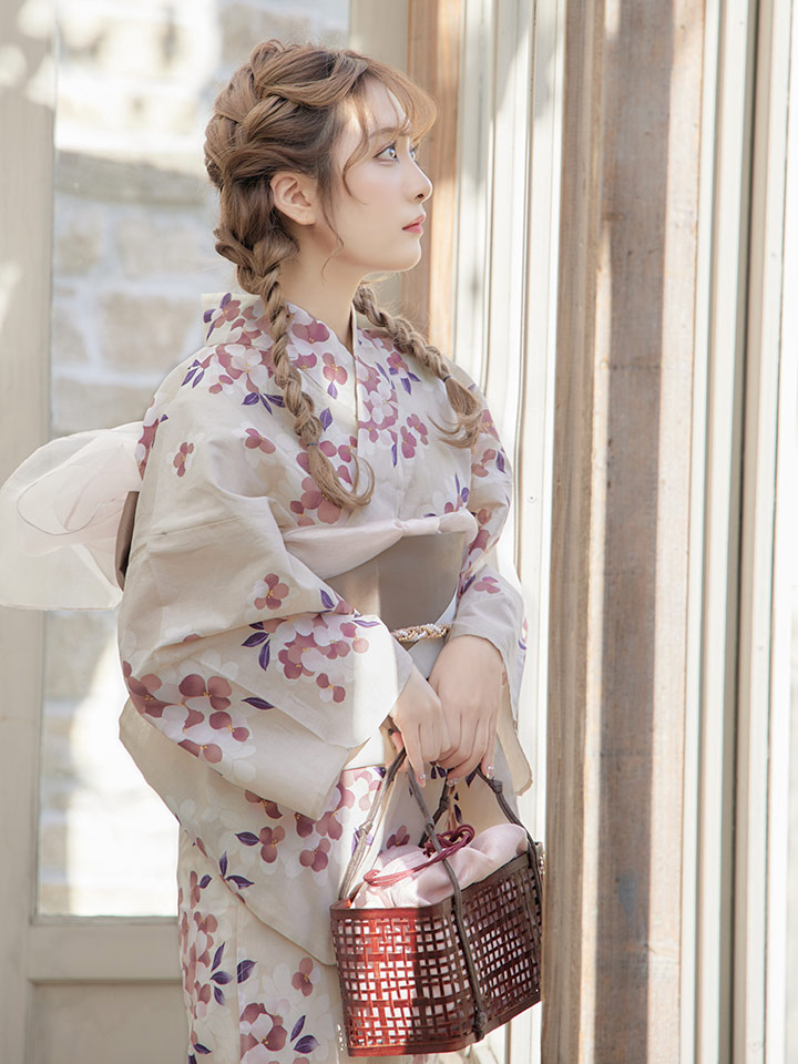 即日発送】【浴衣】クリーム地にピンクの紫陽花浴衣 【浴衣3点セット