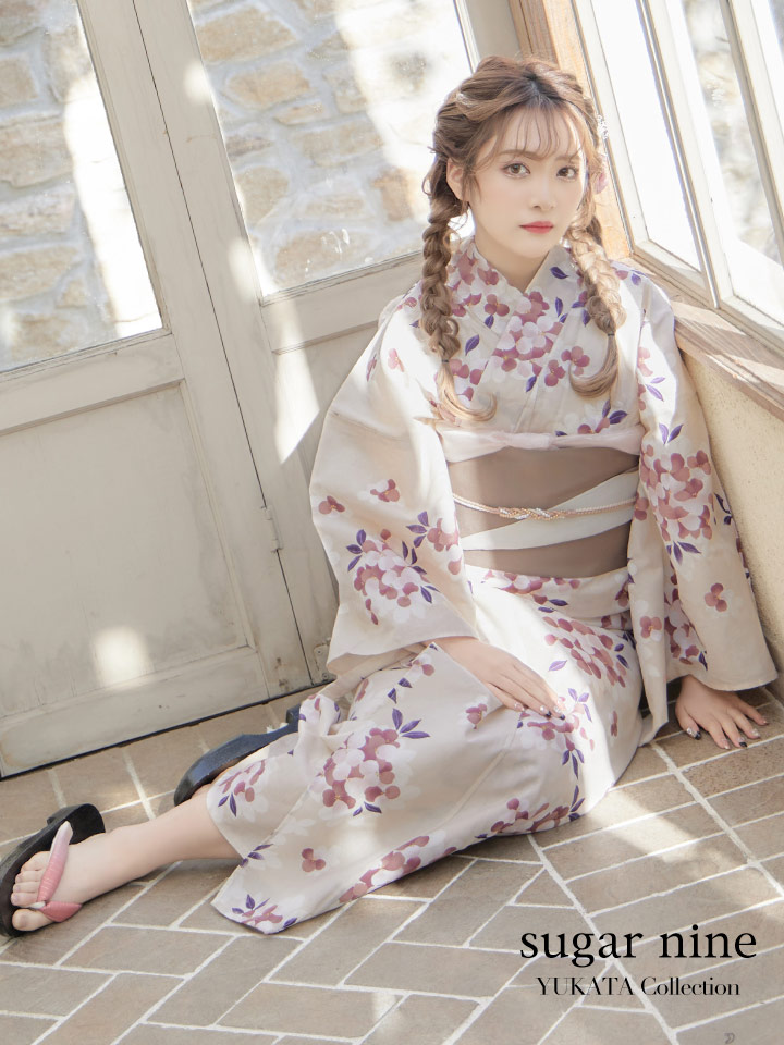 即日発送】【浴衣】クリーム地にピンクの紫陽花浴衣 【浴衣3点セット