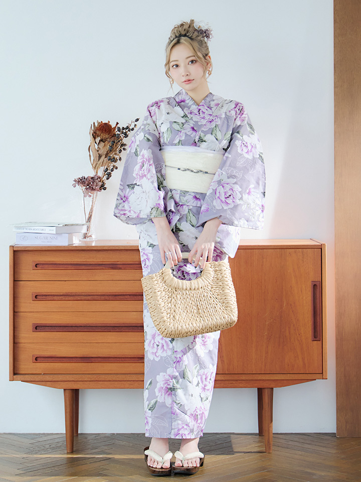 即日発送】大胆に咲き誇る紫×白牡丹浴衣【浴衣3点セット 浴衣/帯/下駄