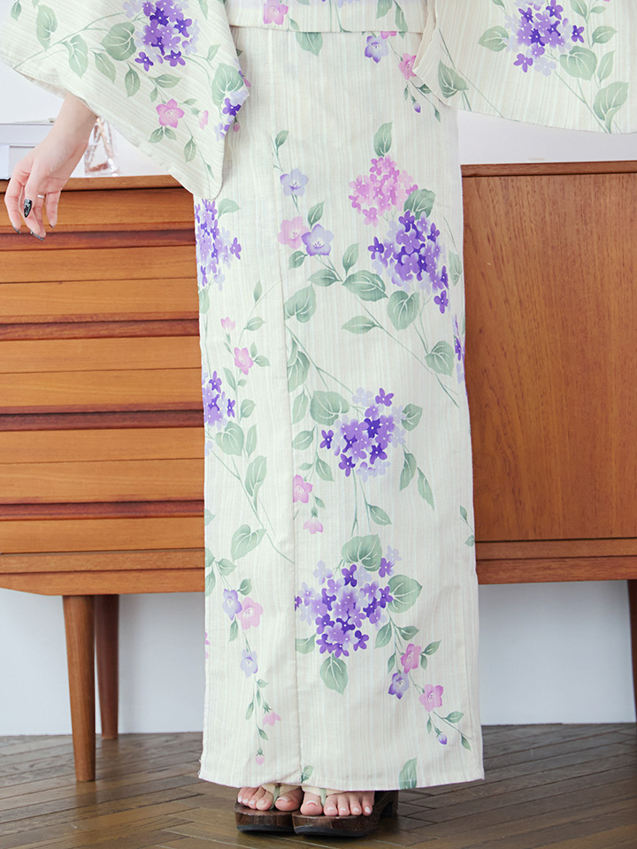 即日発送】クリームストライプ地x紫陽花浴衣【浴衣3点セット 浴衣/帯