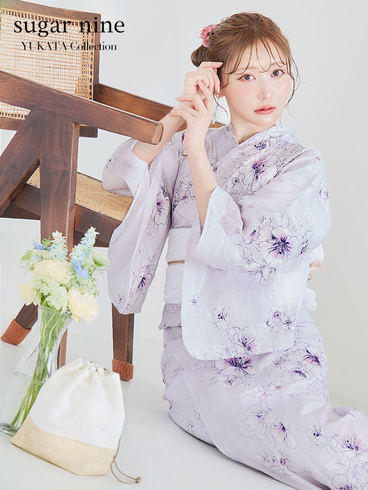 浴衣セール！】【即日発送】可憐なパープルxホワイト牡丹浴衣【浴衣3