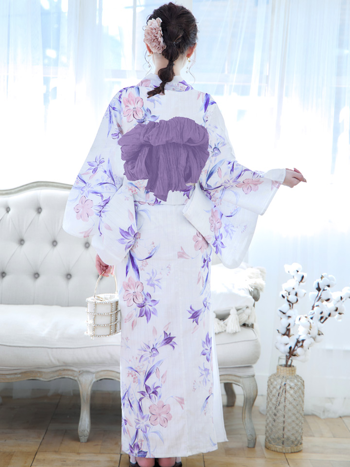 即日発送】パープルxピンクの百合浴衣 【浴衣3点セット 浴衣/帯/下駄