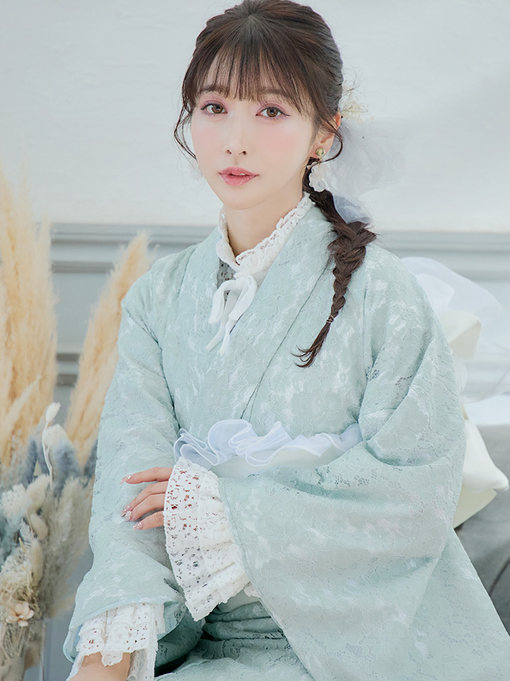 即日発送】ダスティーミントのレース浴衣【浴衣3点セット 浴衣/帯