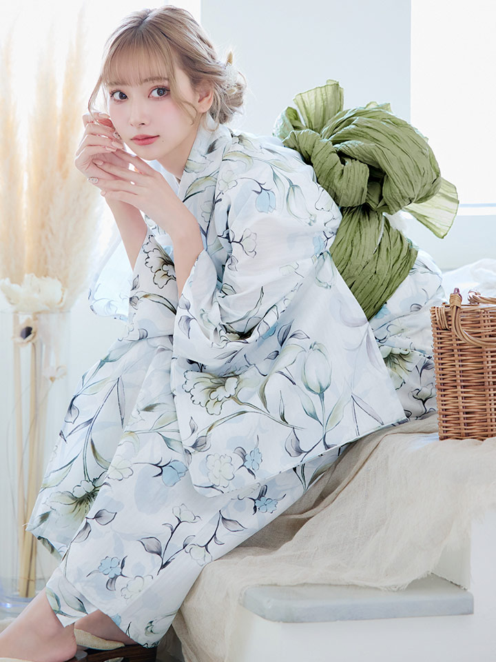 即日発送】水墨風イエロー×ブルー牡丹浴衣 浴衣/帯/飾り紐/下駄4点