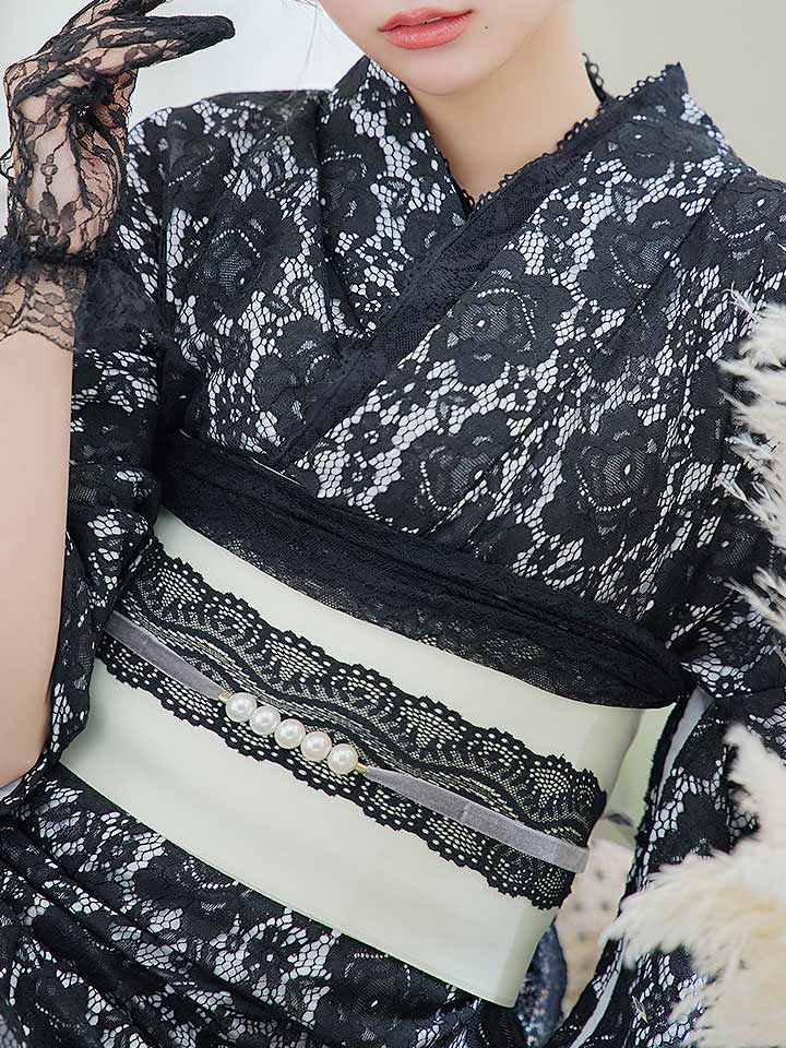 即日発送】ブラックレース浴衣 【浴衣3点セット 浴衣/帯/下駄】[OF04