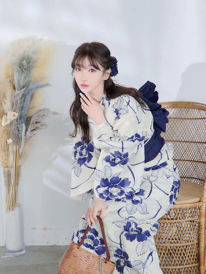 即日発送】水彩椿の綺麗系浴衣【浴衣3点セット 浴衣/帯/下駄】[OF04