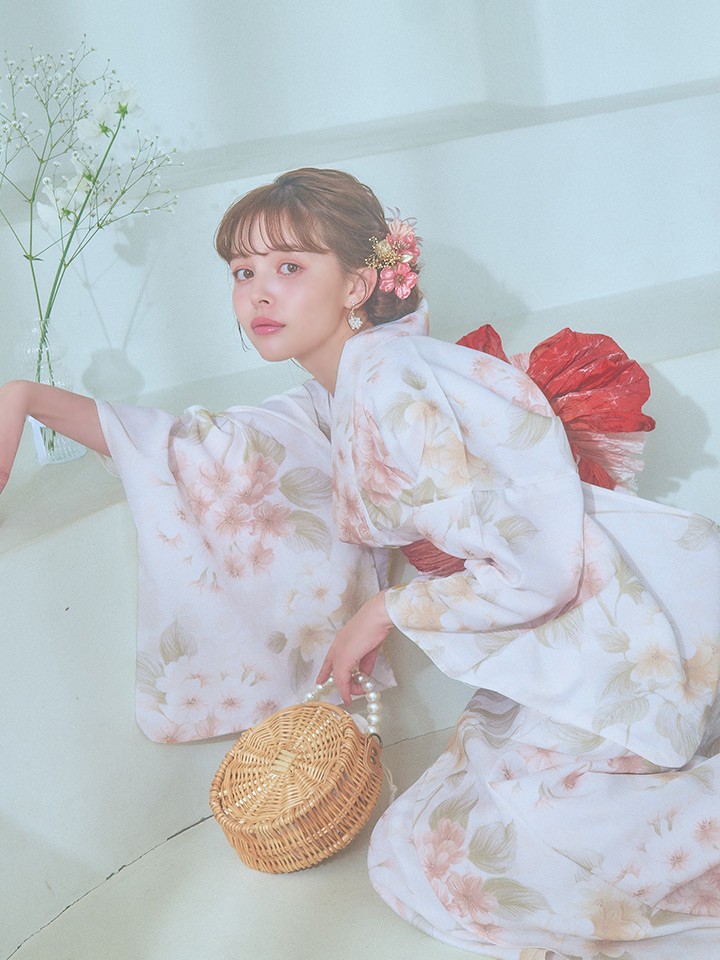 即日発送！】クリームイエロー×オレンジ紫陽花浴衣【浴衣3点セット