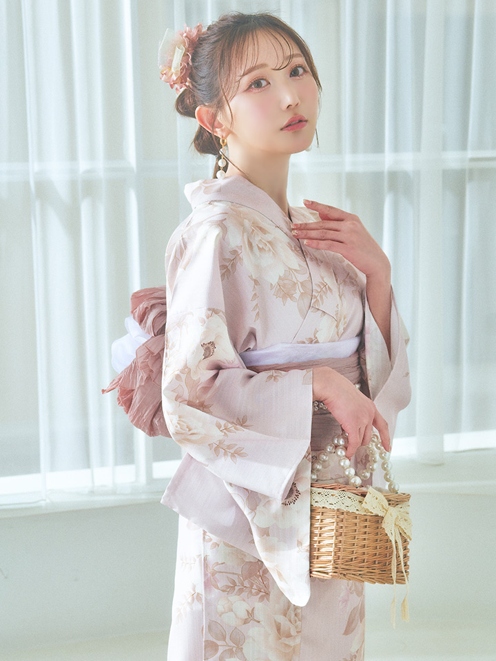 即日発送】ピンクベージュ×ホワイトローズ浴衣【浴衣3点セット 浴衣