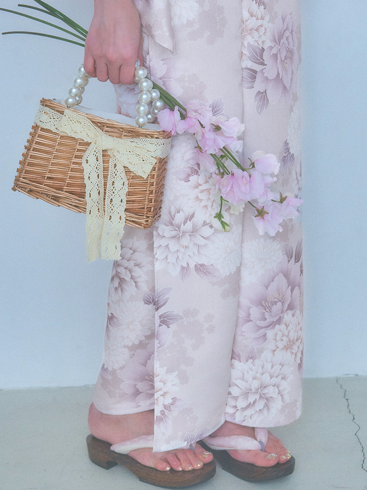 即日発送】くすみカラー×パープルダリア浴衣【浴衣3点セット 浴衣/帯