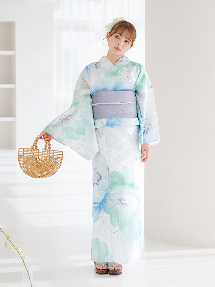 即日発送】【浴衣セール！】大柄アイシーミントフラワー浴衣【浴衣3点