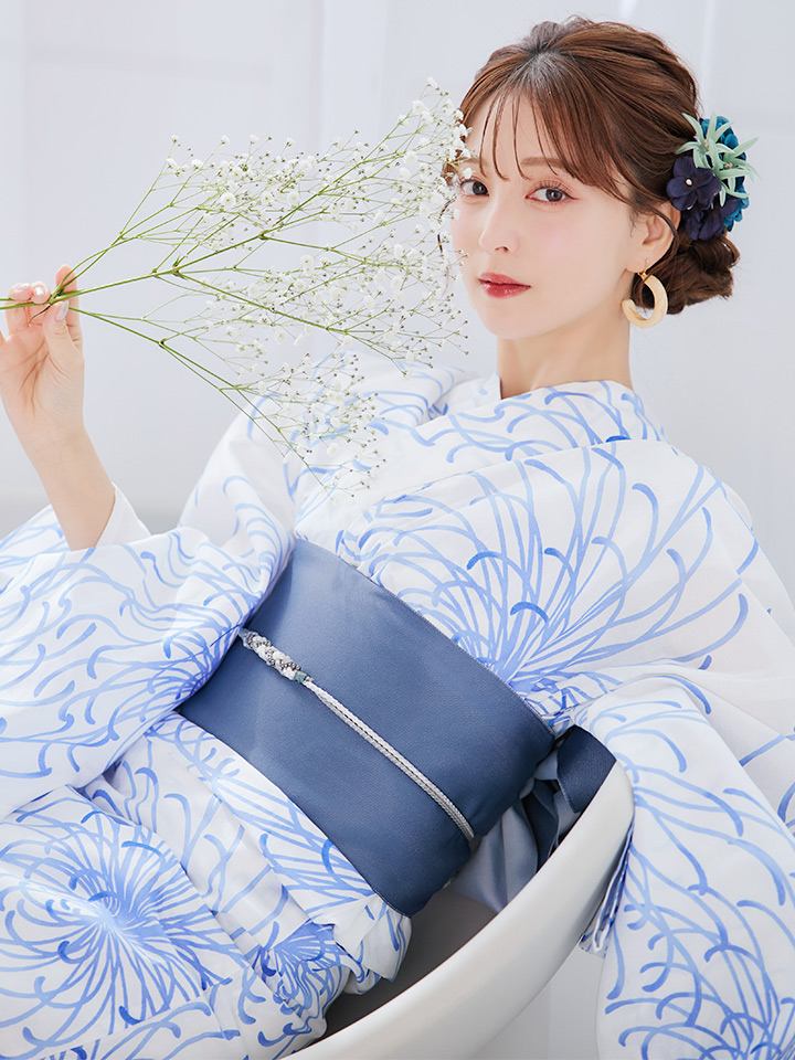 即日発送】白菊月の古典浴衣【浴衣3点セット 浴衣/帯/下駄】[OF04