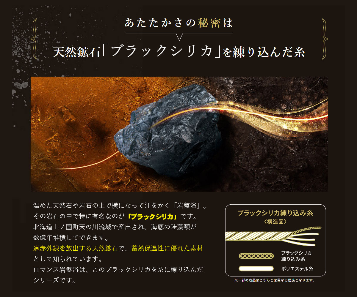 岩盤浴で使われる鉱石ブラックシリカを練りこんだ「岩盤浴毛布」は