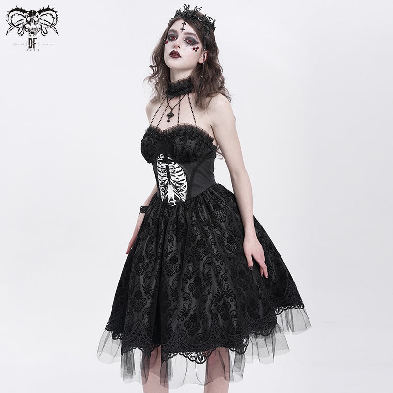 Black women Skeleton Printing Gothic Lolita Dress / ワンピース