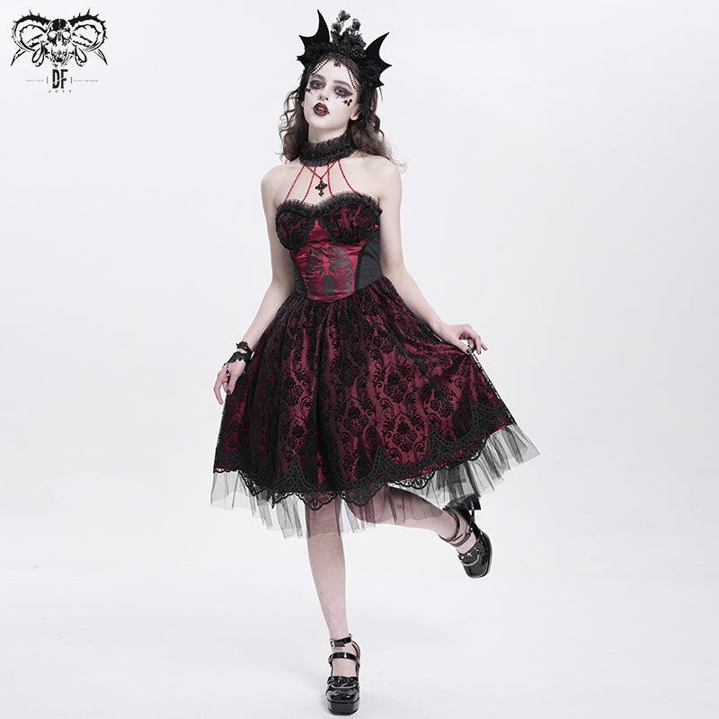 Red women Skeleton Printing Gothic Lolita Dress / ワンピース