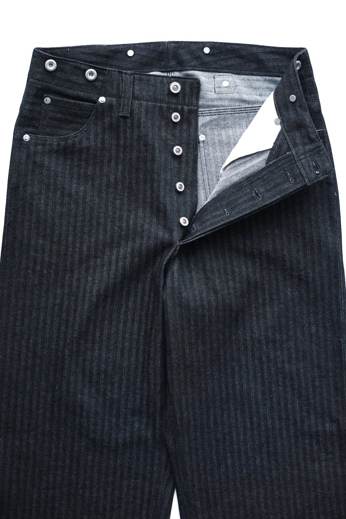 OLD JOE - TRIPPLE NEEDLE BELTLESS JEANS - INDIGO HERRINGBONE – PHAETON