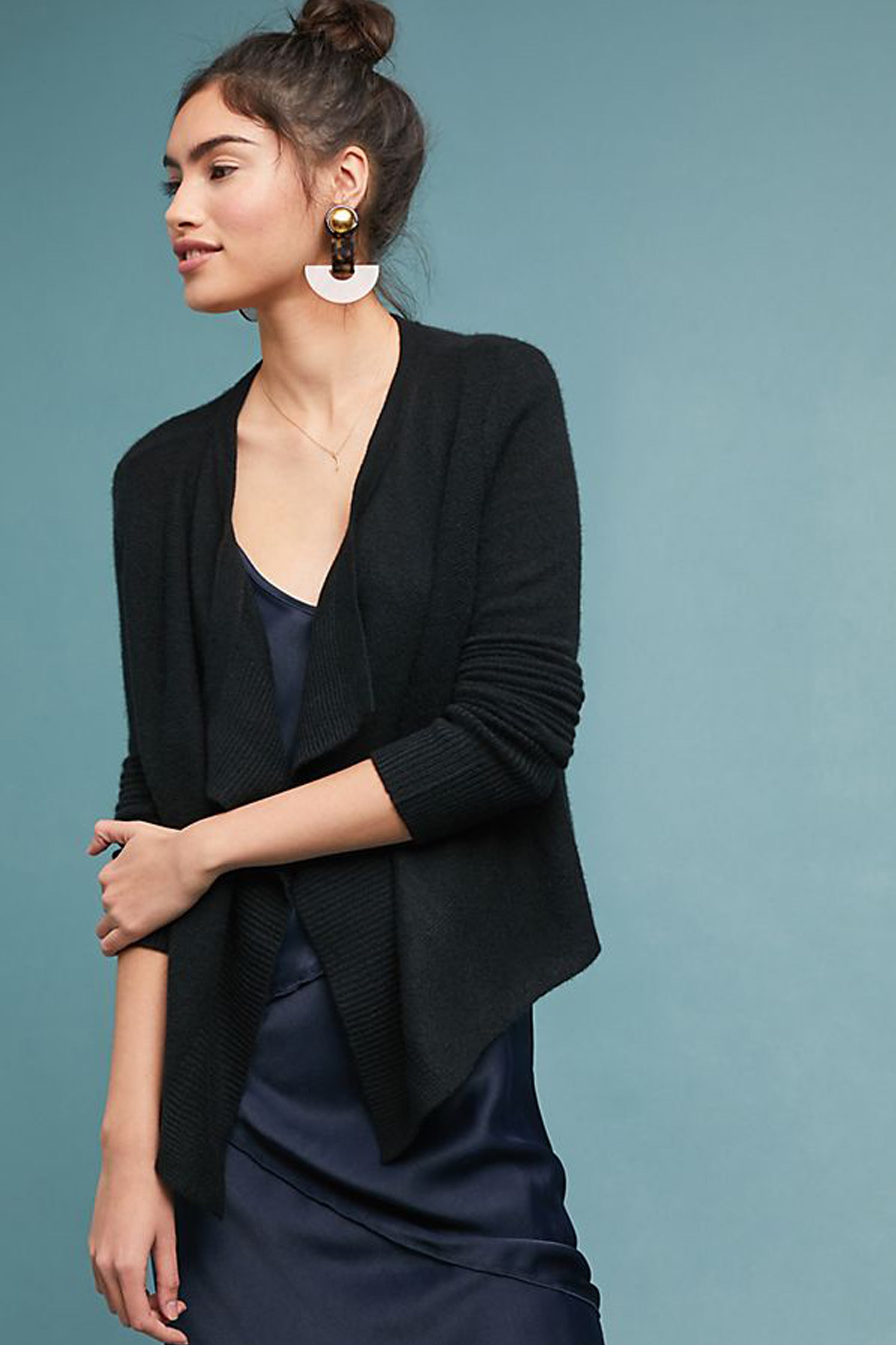 Cami Open Draped Cashmere Cardigan - Black | Pine Cashmere