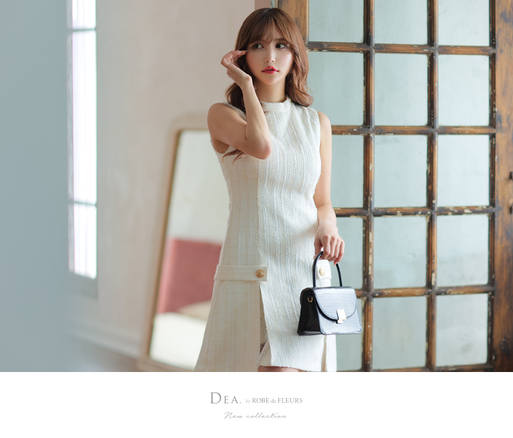 XS～Lサイズあり】ラメツイード×レースプリーツミニキャバドレス(DE3312)