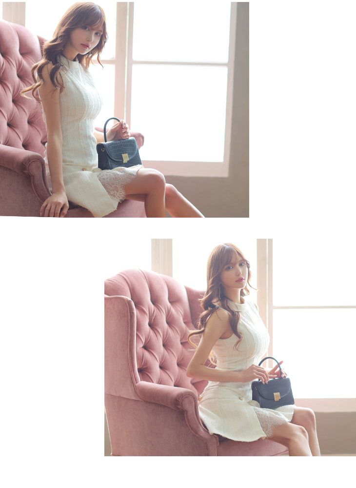 XS～Lサイズあり】ラメツイード×レースプリーツミニキャバドレス(DE3312)