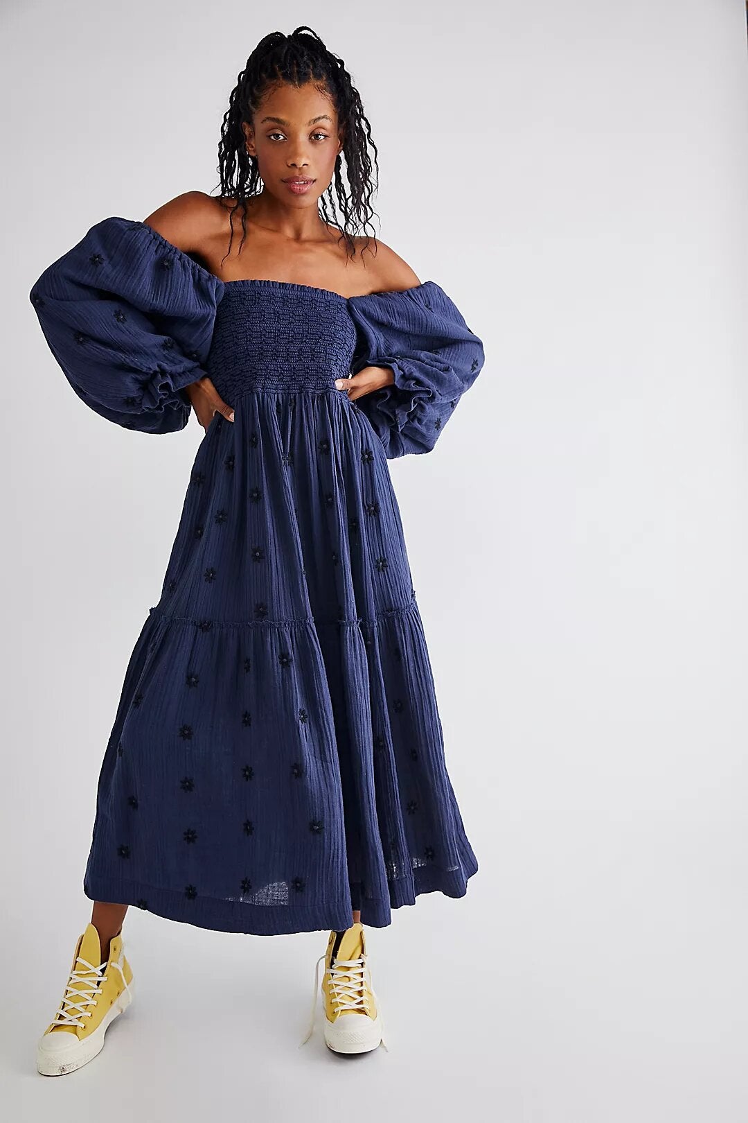 Free People + Dahlia Embroidered Maxi Dress, Indigo Combo