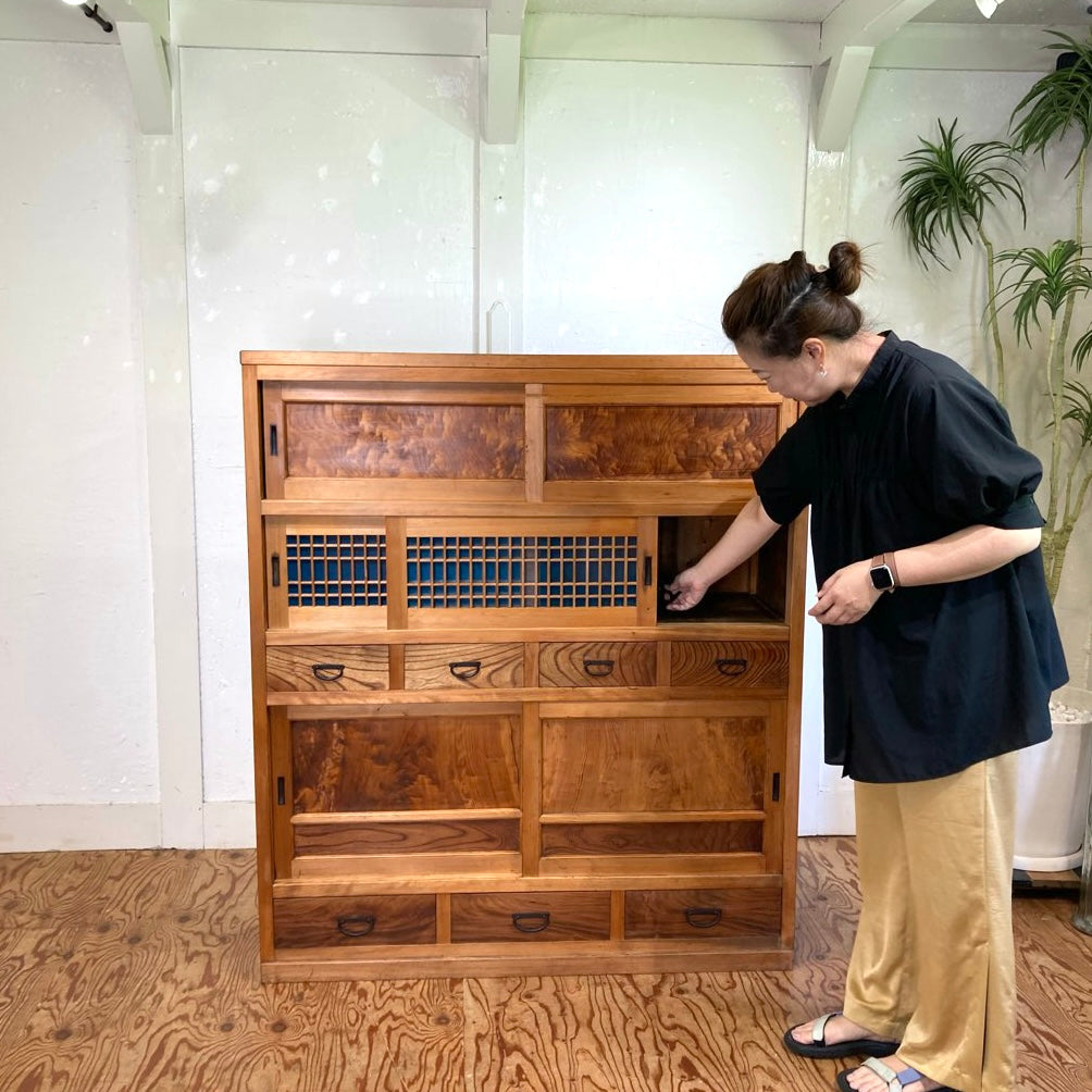 水屋箪笥 食器棚 カップボード 収納棚 欅 檜 アンティーク 古家具 中古