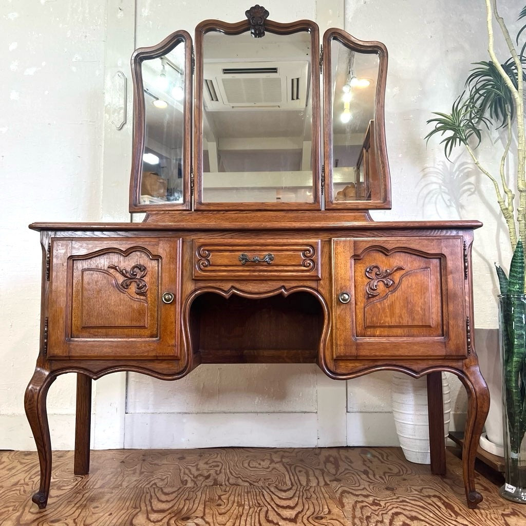 フランスアンティーク ドレッサー 3面鏡 ミラー キャビネット デスク