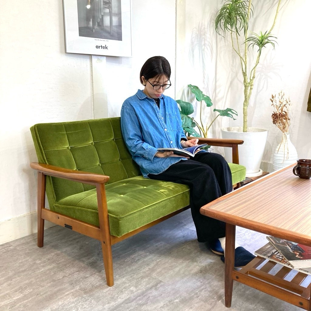 カリモク60 Kチェア 2シーターソファ モケットグリーン 中古 緑 レトロ