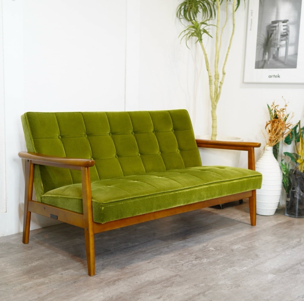 カリモク60 Kチェア 2シーターソファ モケットグリーン 中古 緑 レトロ