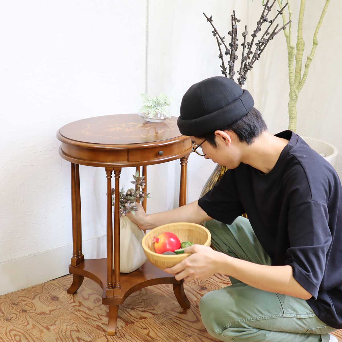 サイドテーブル 花台 オーバル 楕円 クラシカル 象嵌 中古