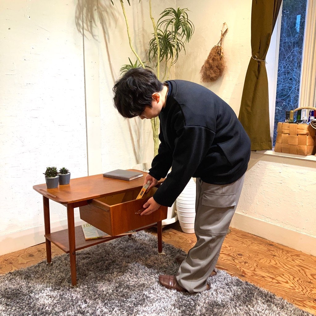 ソーイングテーブル サイドテーブル チーク材 北欧 収納 棚 キャスター