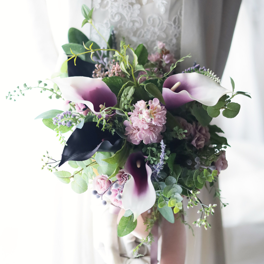完成品ブーケ】シックなカラーとモーヴピンクのグリーンブーケ