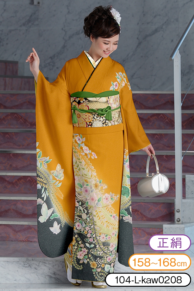 振袖レンタル 振袖Lサイズ 辻が花文様 金茶/グリーン｜着物レンタル
