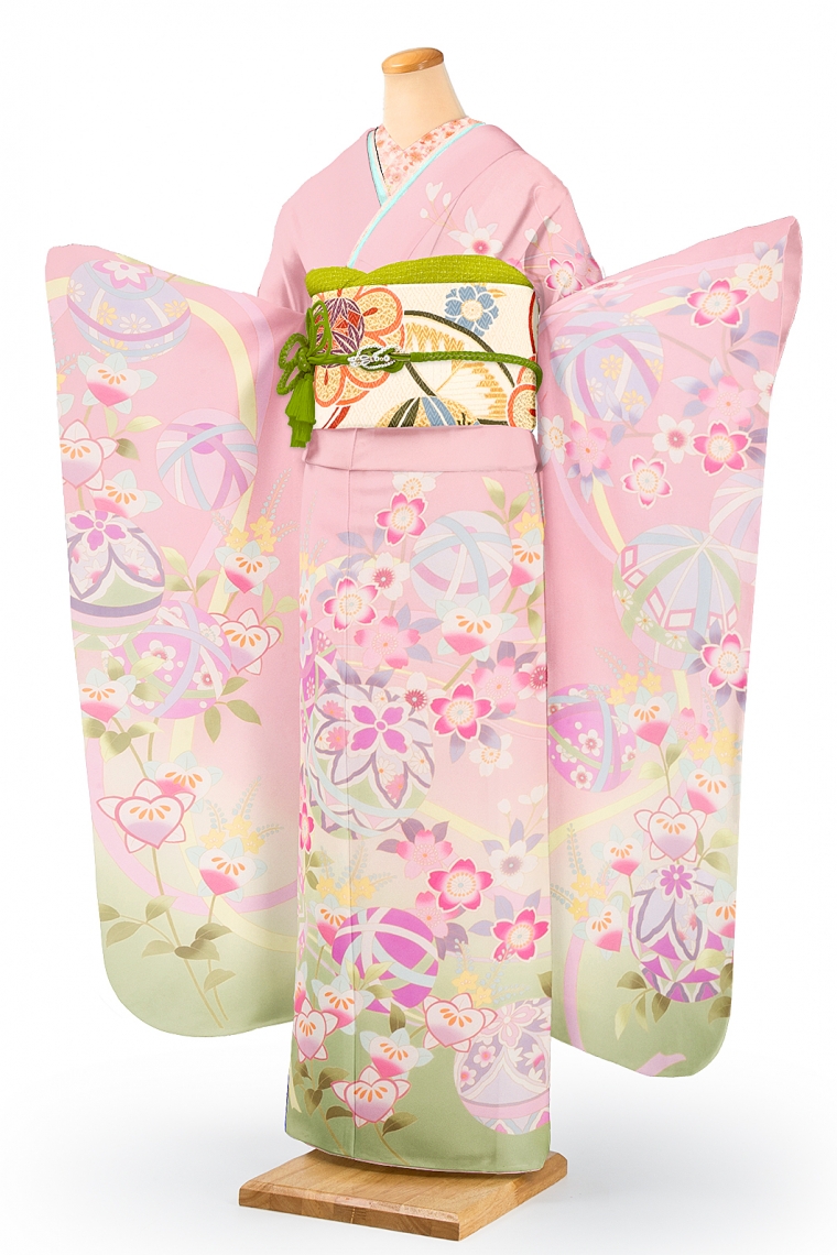 振袖レンタル 振袖Mサイズ 加賀友禅風 鞠遊び 桃色/黄緑｜着物レンタル