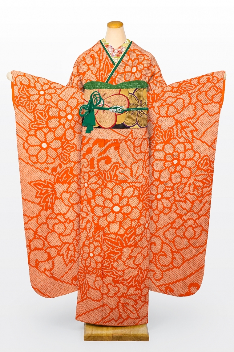 振袖レンタル 振袖Lサイズ 総絞り 菊牡丹 オレンジ｜着物レンタル 安心