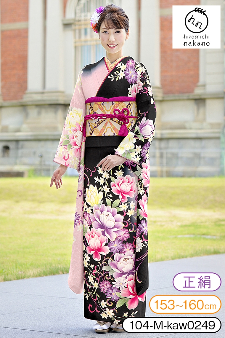 振袖レンタル 振袖Mサイズ ブランド：hiromichi nakano 花模様 黒