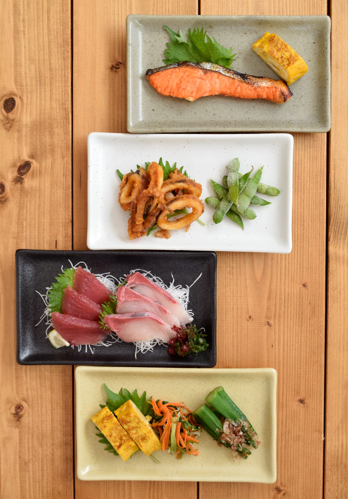 刺身皿、焼き魚、焼き鳥、天ぷらなどの揚げ物皿、盛り皿など多用途に