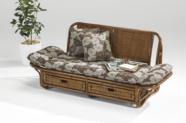 籐・ラタンのカウチソファ(引き出し付き）/高級ピール（籐皮）の網代