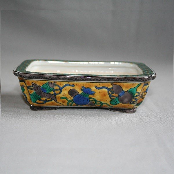 九谷焼盆栽鉢の販売通販専門店：九谷焼(瑛生)宝づくし文様4.5号長形鉢