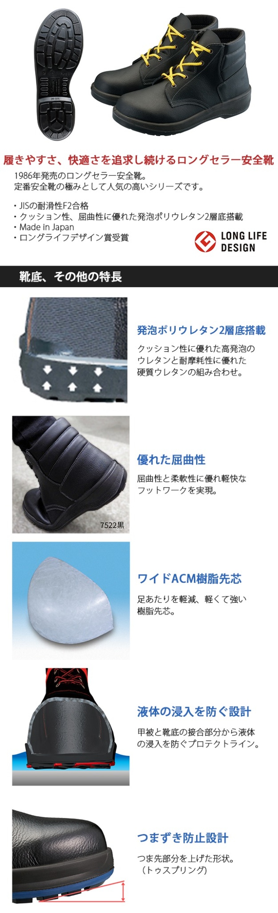 編上靴7522黒静電靴 静電気帯電防止機能付きの履きやすく快適な2層底