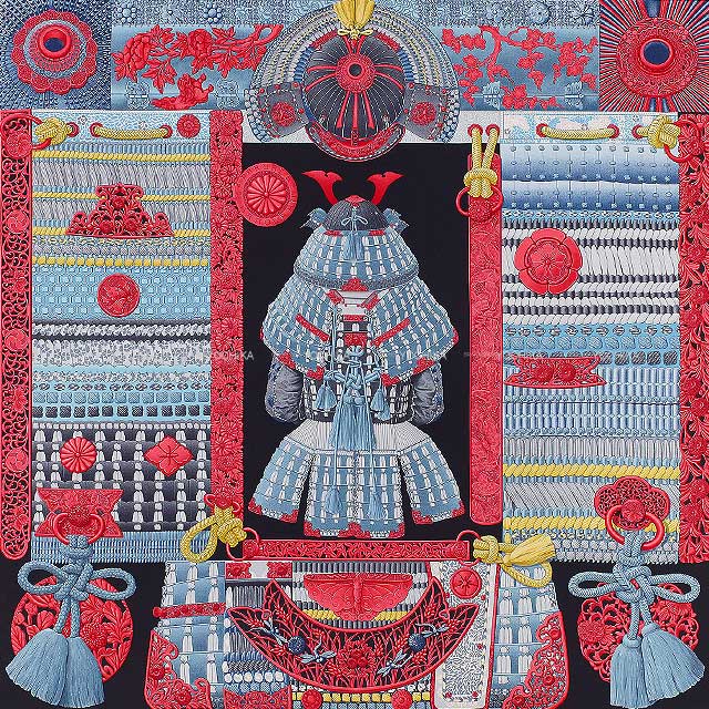 HERMES エルメス スカーフ カレ90 侍の鎧兜 黒 (ブラック) ルージュ