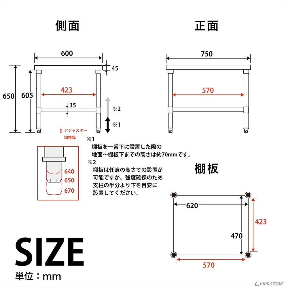 ステンレス コンロ台 業務用 調理台 750×600×650 板厚1.2mmモデル