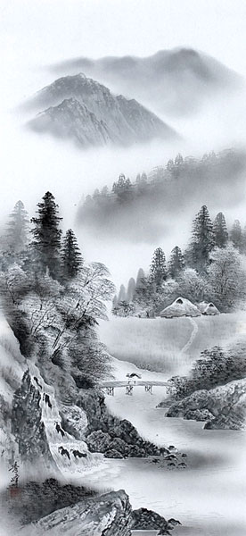 山水の掛け軸 平野秀峰作 水墨山水