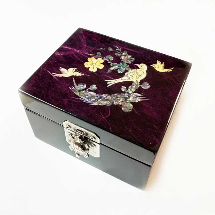 螺鈿細工 宝石箱 小物入れ 紫色に螺鈿の上品な輝き 梅と鳥の 韓国伝統