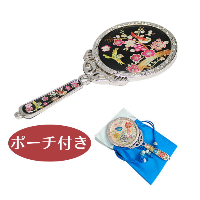 天然貝 コンパクト手鏡ミラー（梅と鶯）シェル・螺鈿 韓国 ミラー 鏡