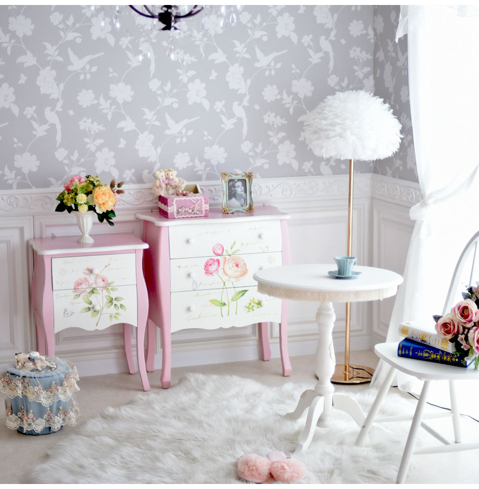 ハンドペイント 薔薇の2段ナイトテーブル フレンチピンク｜姫系ローズ