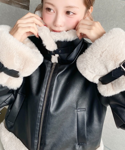 moment+ ムートンコート ボアコート フェイクレザー×フェイクファー