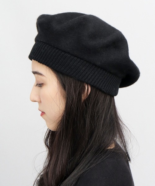 A.M.S. 帽子 ベレー帽 リブニット ウール フェルトベレー帽 レディース