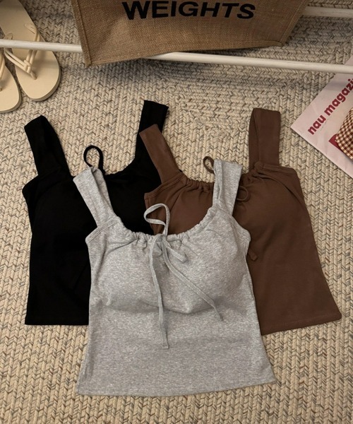 SEU タンクトップ ノースリーブ 2WAYフロントリボン カップ付き タンク