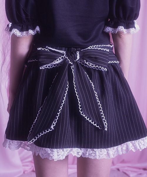 AVENCHUMU スカート Side ribbon ＆ frill back ribbon skirt